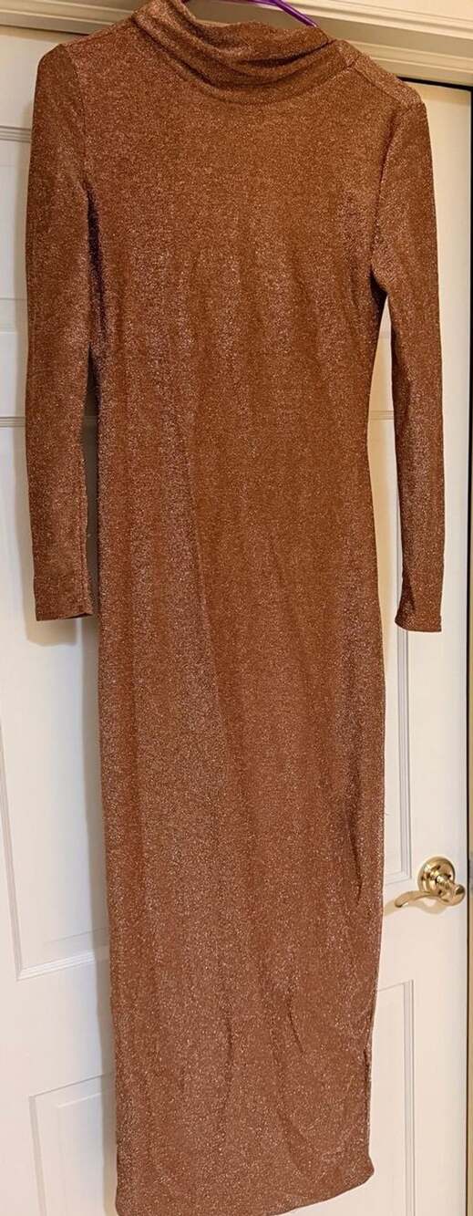 Cynthia Rowley Glitter Tease Dress Sheer Metallic Bronze Knit Midi Dress
